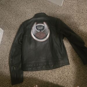 Harley-Davidson Black Leather Bomber Jacket with 100th Anniversary Logo Patch